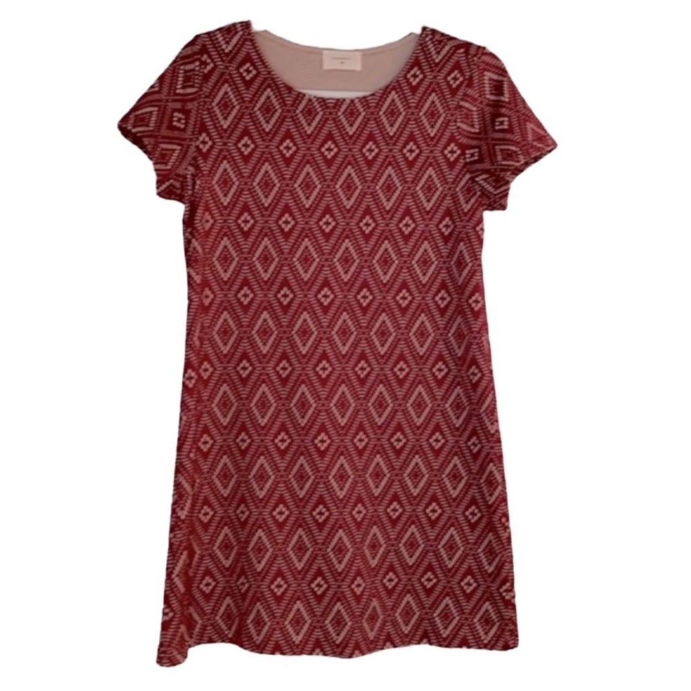 Everly Women’s Burgundy And Tan Short Sleeve Print Shift Dress - size small